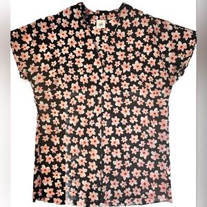Cabi Harmony Blouse Black Pink Floral Pleated Front Size‎ Small Pre-owned